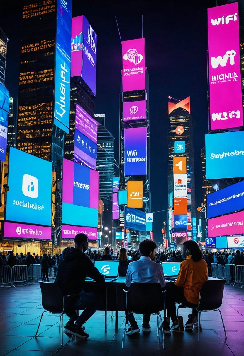 A bustling city skyline in the background, with digital screens displaying breaking news headlines. In the foreground, a diverse group of people using smartphones and laptops, deeply engaged with current affairs. Include symbols of technology like Wi-Fi signals and social media icons. The atmosphere is vibrant and dynamic, illustrating digital connectivity and information flow. futuristic style. vibrant colors. high contrast.