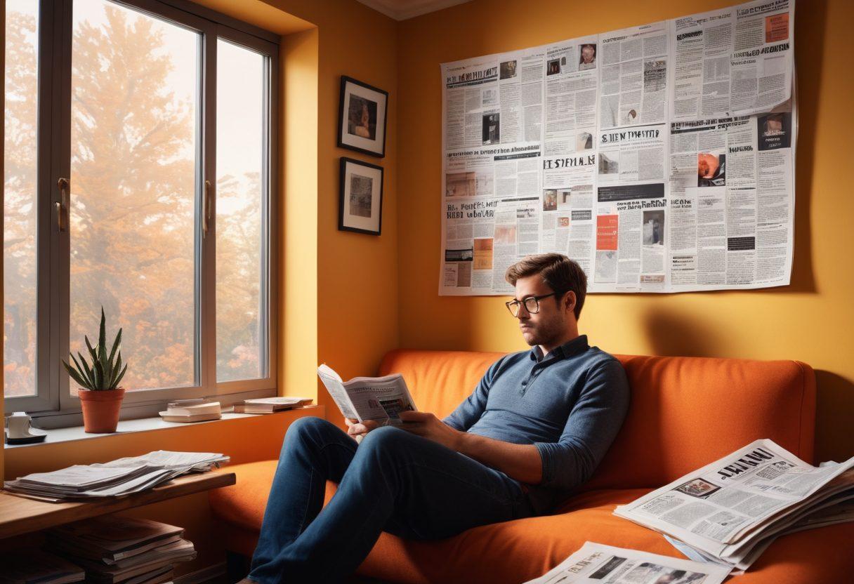 A thoughtful person sitting in a cozy reading nook, surrounded by newspapers and digital devices, with various headlines like 'Integrity in Journalism' and 'Fact-Checking Matters' floating around them. The light filters through a window, casting a warm glow on the scene, emphasizing the importance of responsible media consumption. The background displays abstract representations of data and truth with vibrant colors. super-realistic. vibrant colors. natural light.