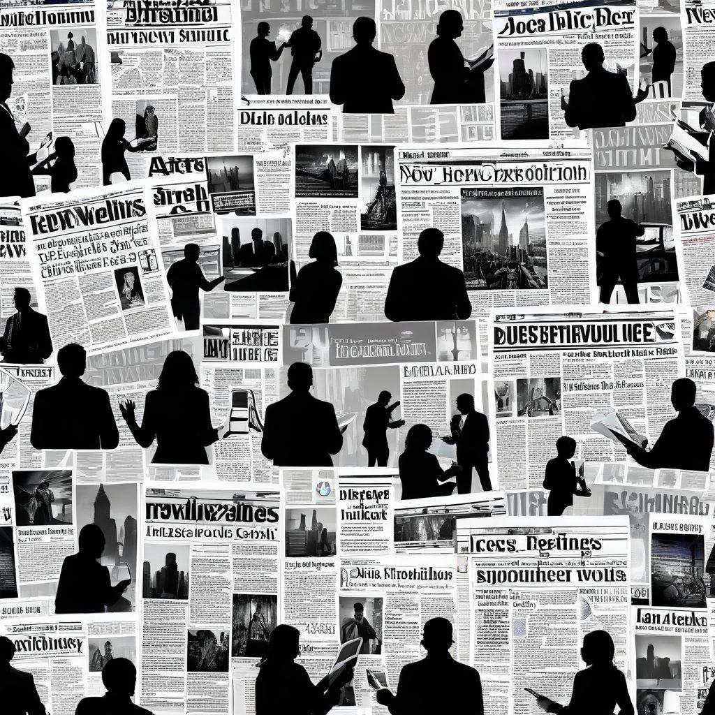 A dynamic collage of a newspaper and digital devices showcasing diverse news coverage, featuring a busy city skyline in the background. Include visuals of people reading, engaging with news headlines, and in-depth articles. Blend traditional and modern journalism elements, highlighting the evolution of news reporting. super-realistic. vibrant colors. modern design.